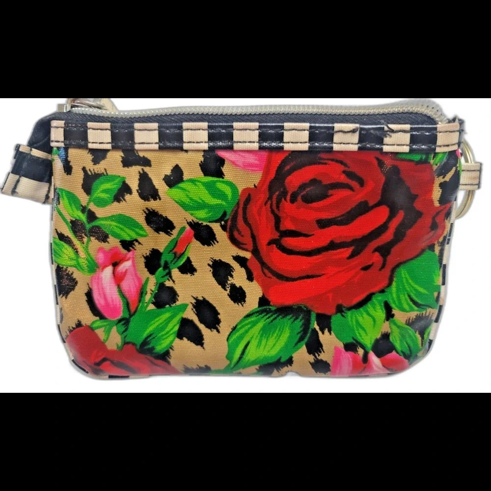 Betsy Johnson Wristlet Bag Roses/Leopard Zip Top Clip Handle